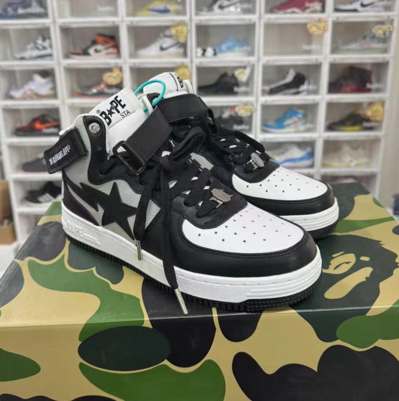 A Bathing Ape Bape Sta Mid Black Grey White Leather