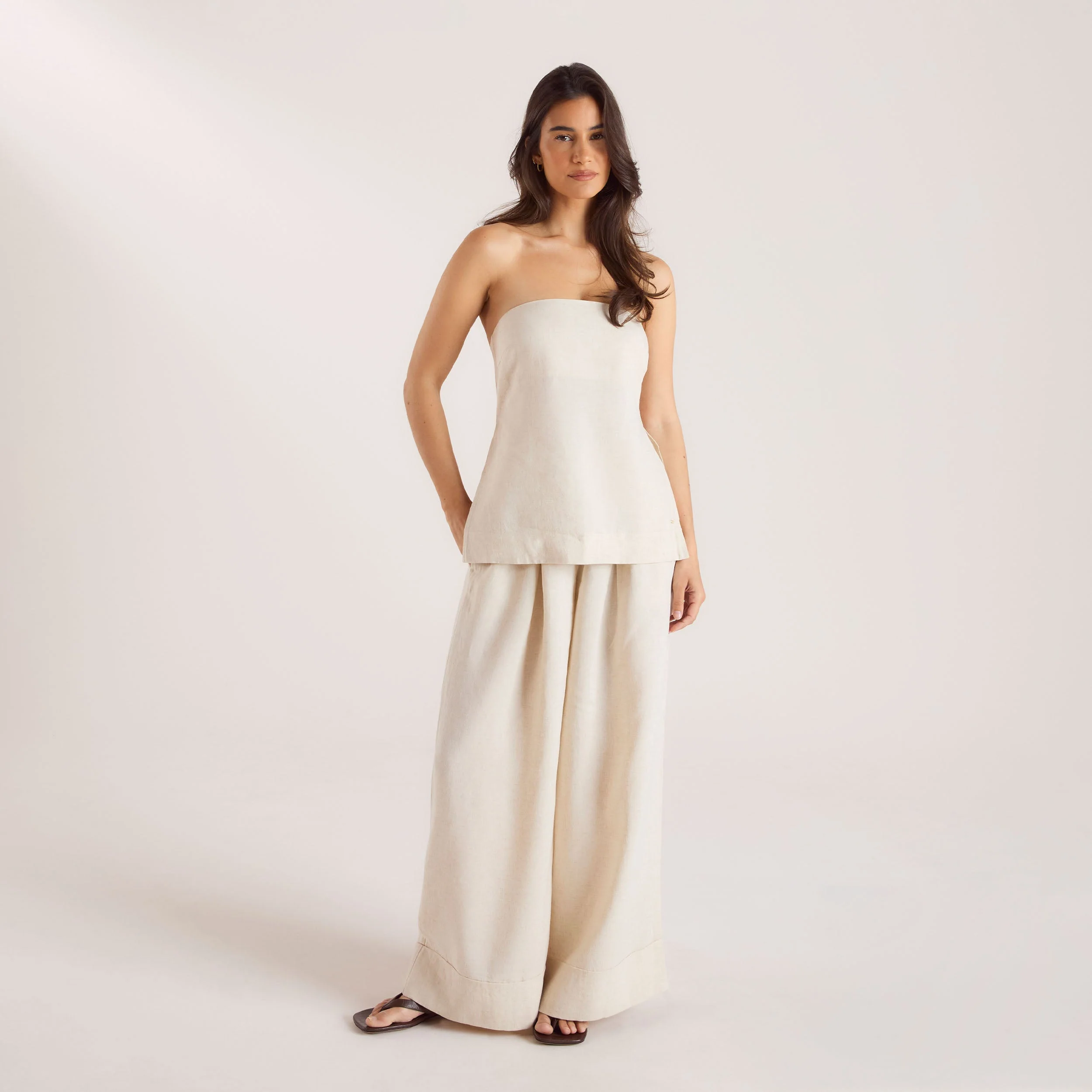 Linen Blend Wide-Leg Pants - Cream