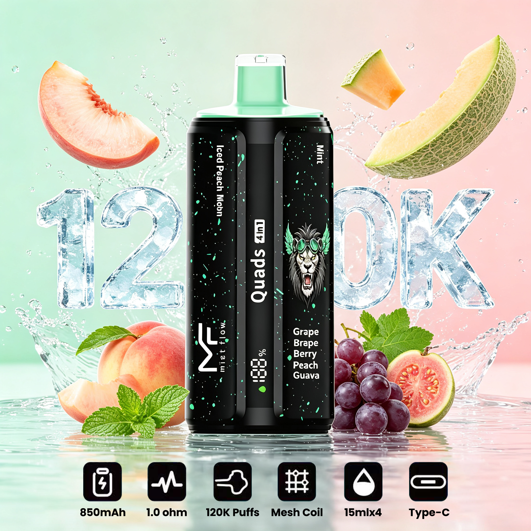 Mist Flow：Quads 4 w 1 - Iced Peach Melon & Mint & Grape Berry & Peach Guava