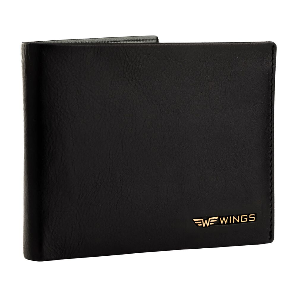 WINGS Portfel męski ze skóry bydlęcej Wings, 11 x 13 x 2 cm, RFID, z kieszenią na monety, czarny