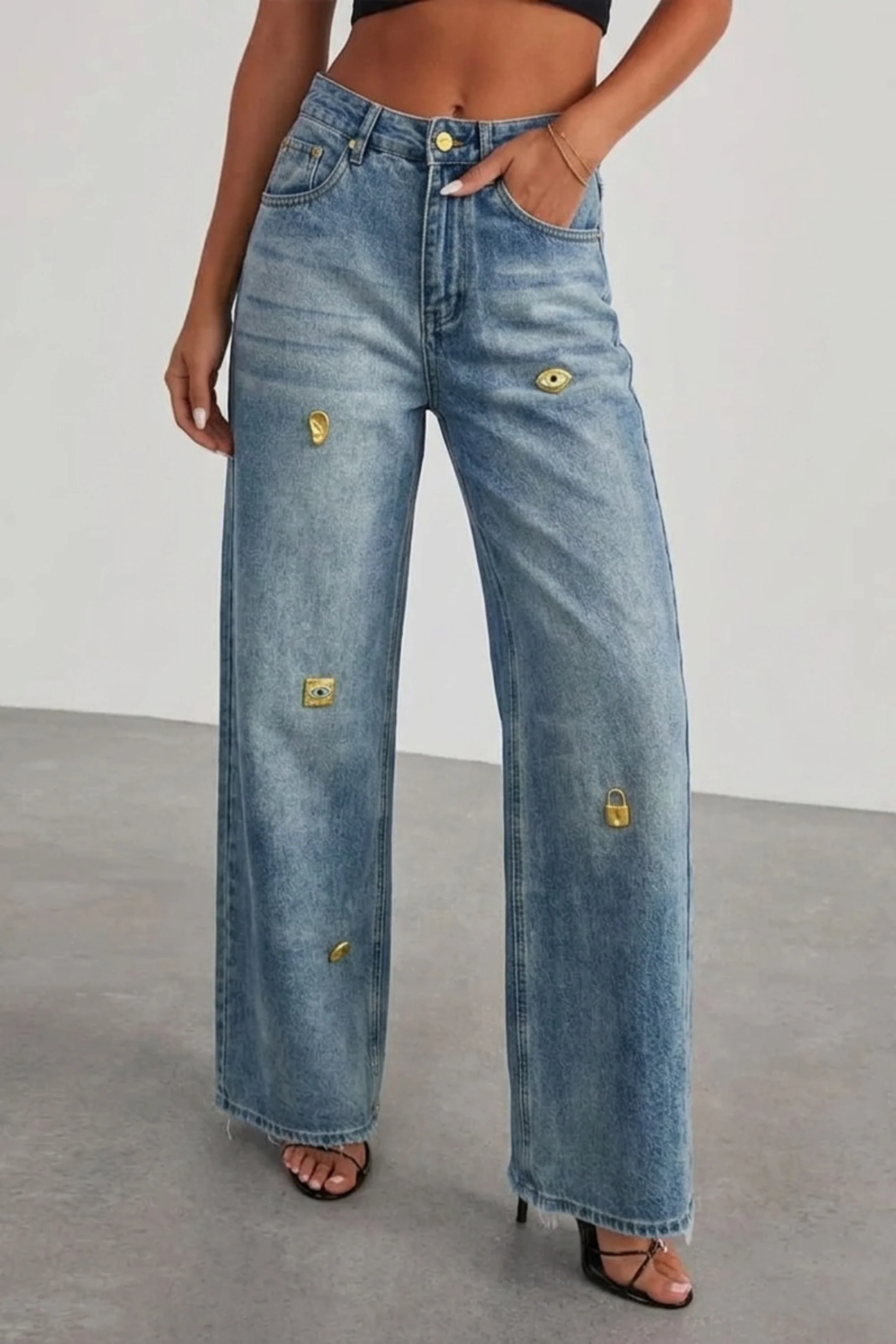 Faded Embellished Wide-Leg Jeans
