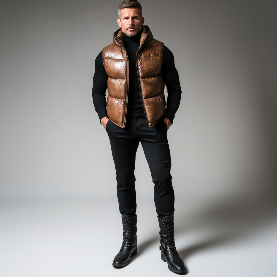 Men's Retro PU Leather Cotton-Padded Zipper Hooded Vest