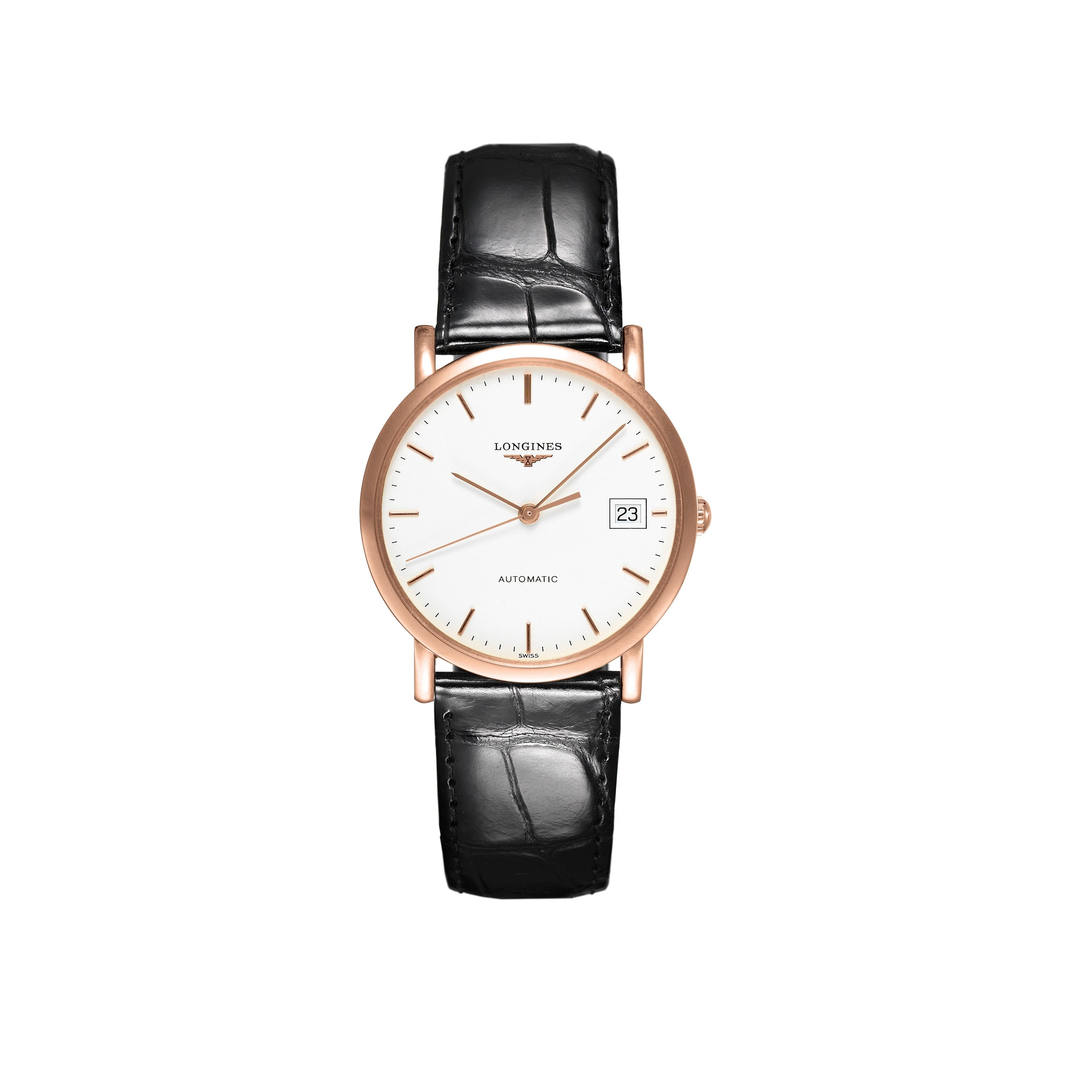 [2026 Mirror Grade]Longines Women's L47788120 Elegant 18kt Pink Gold Automatic Black Leather Watch