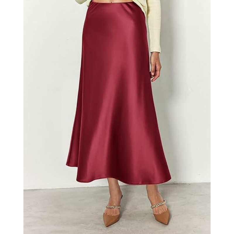 Women's Satin High Waist A‑Line Long Midi Skirt, 2026 Summer