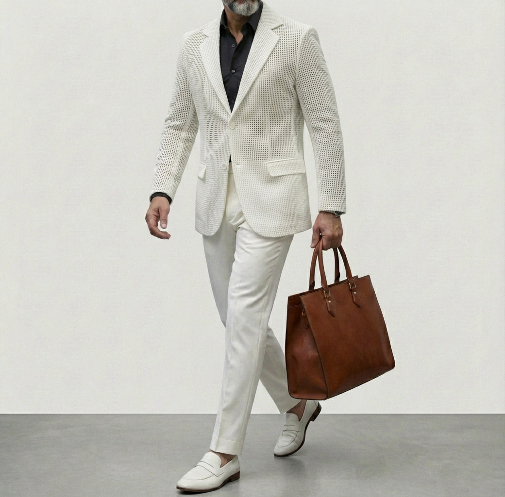 Men's White Hollow Out Notched Lapel Single Breasted Long Sleeve Blazer