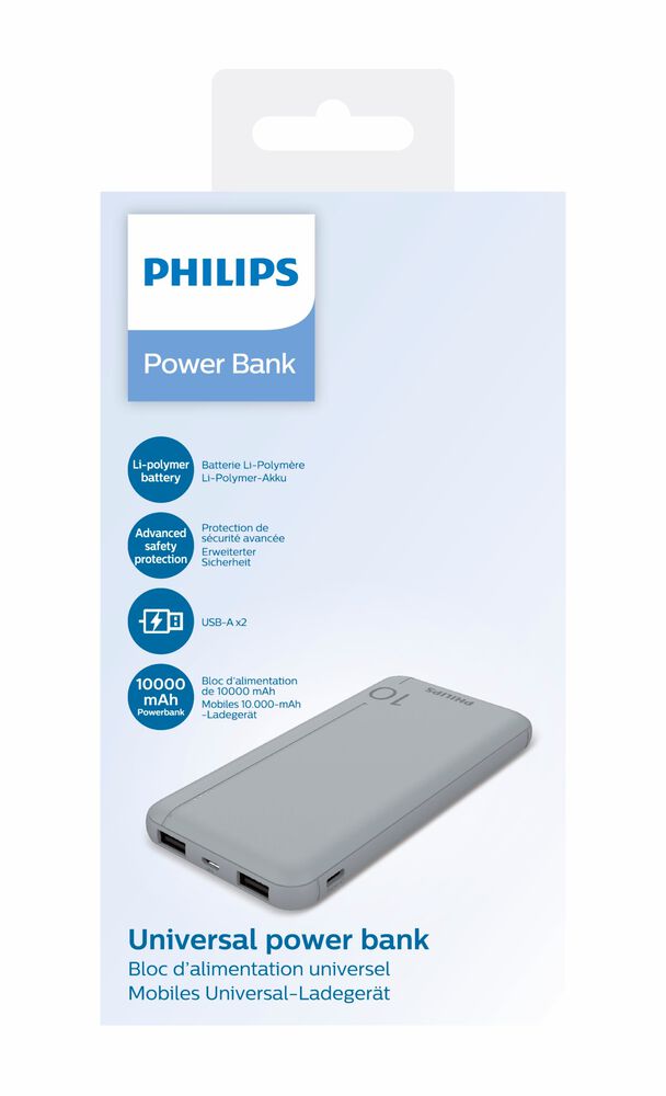 PHILIPS Powerbank Philips DLP1810NV/62, 10000 mAh, 10 W, srebrny