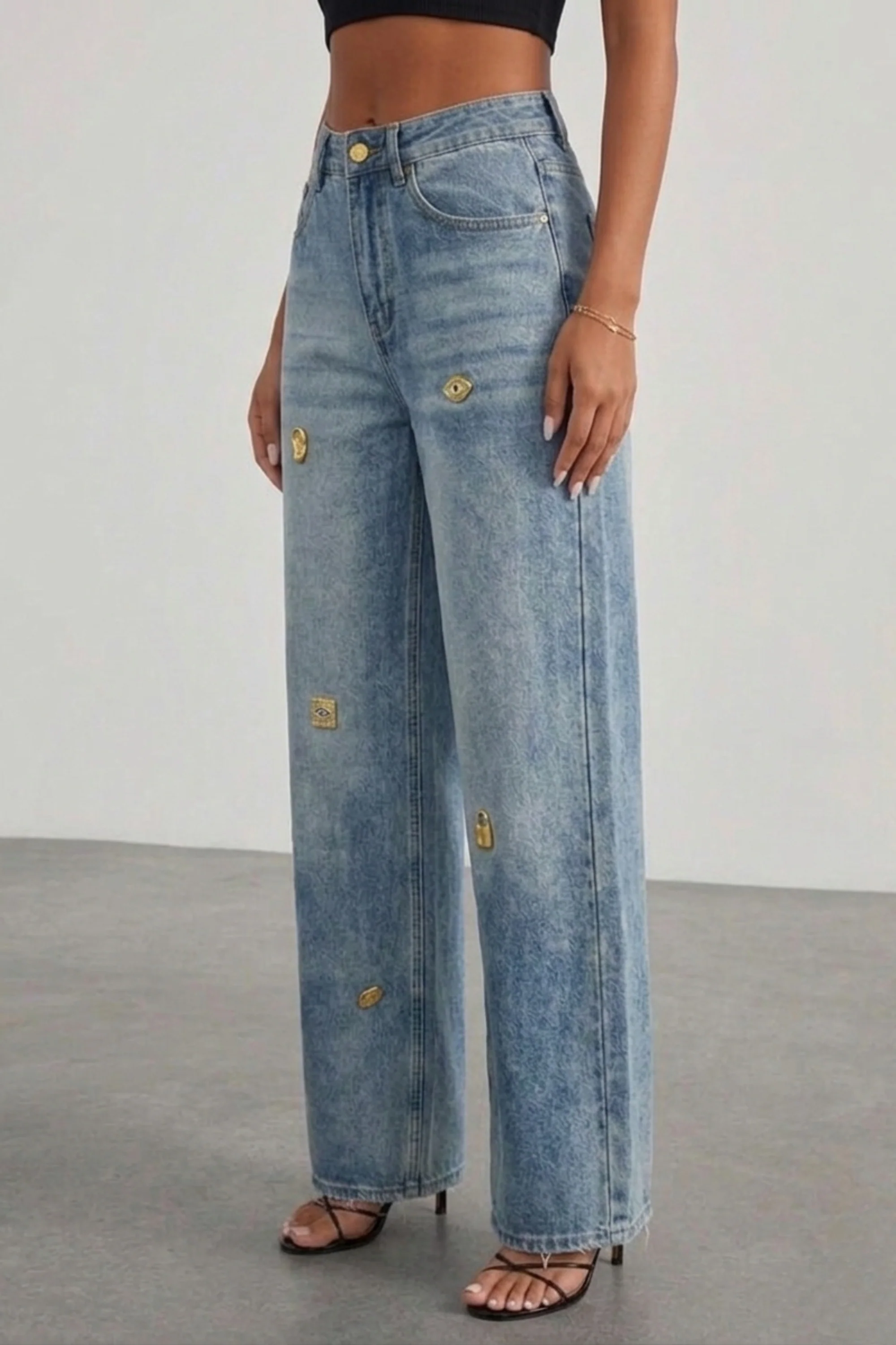 Faded Embellished Wide-Leg Jeans