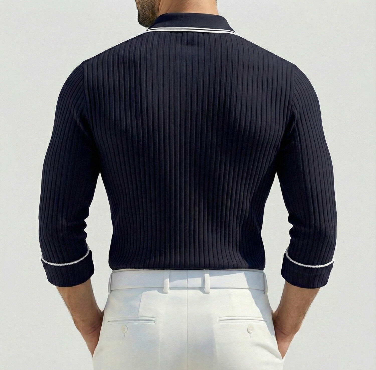 Men's Casual Navy Blue Contrast Stripes Turndown Collar Half Button Long Sleeve Ribbed Polo Shirts