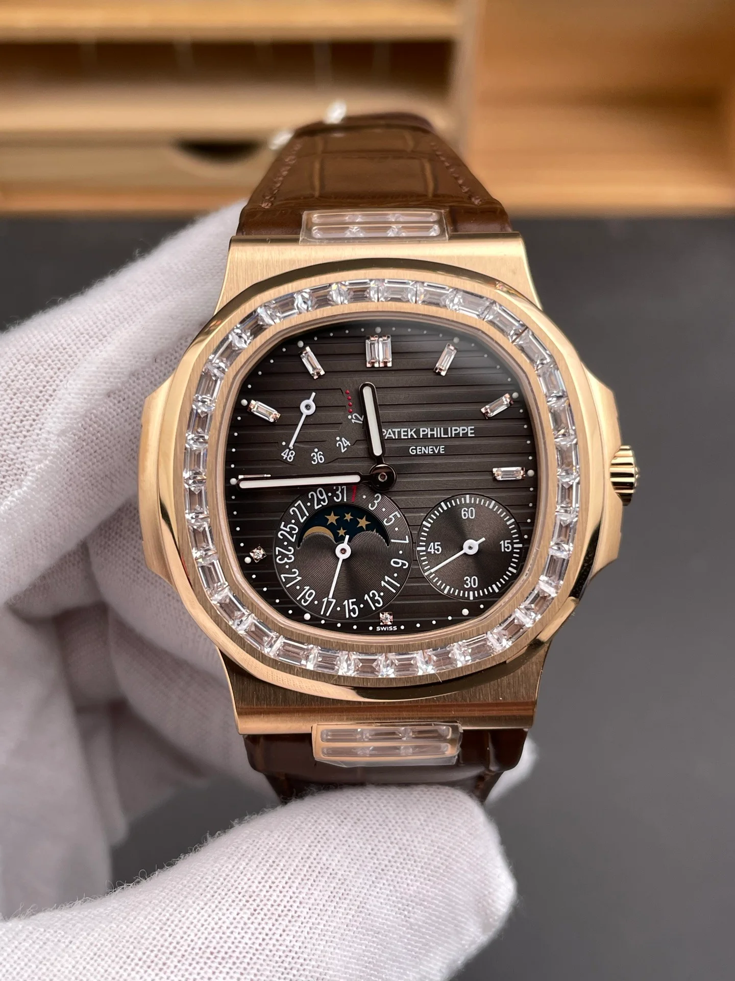 Nautilus 5724 with Baguette Diamond Bezel, Rose Gold Dark Brown Dial