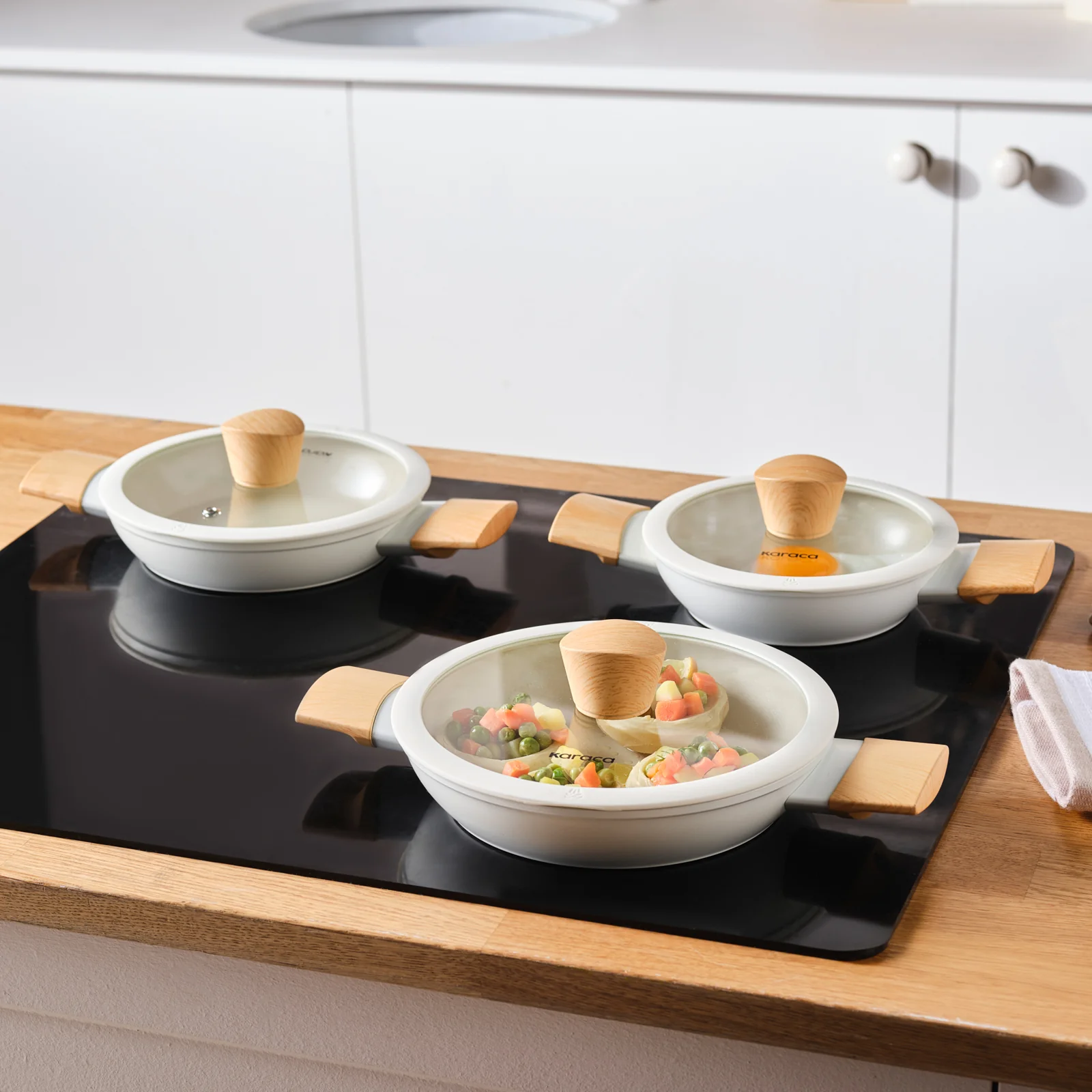 Karaca Swiss Crystal Almond, Set de 6 Casseroles Basses, Induction