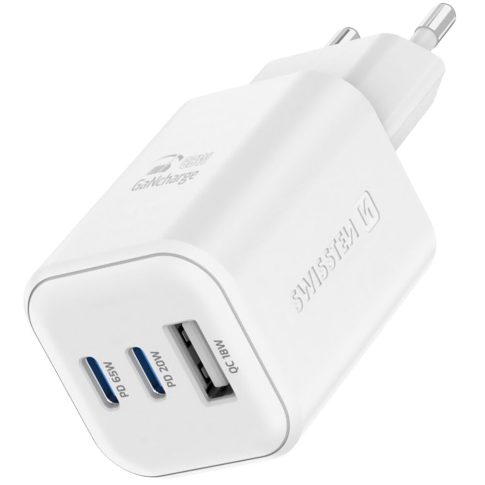 SWISSTENŁadowarka sieciowa Swissten GaN, 2x USB-C PD i 1x USB-A QC, 65 W i 18 W, biała