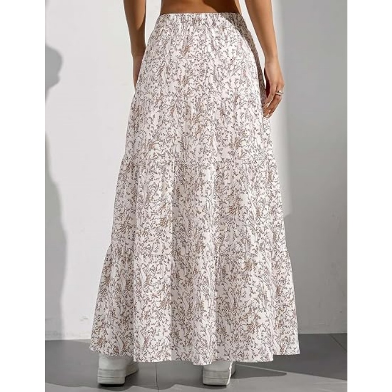 Women's Boho Flowy White High Waist Maxi Skirt with Ruffle & Elastic Waist