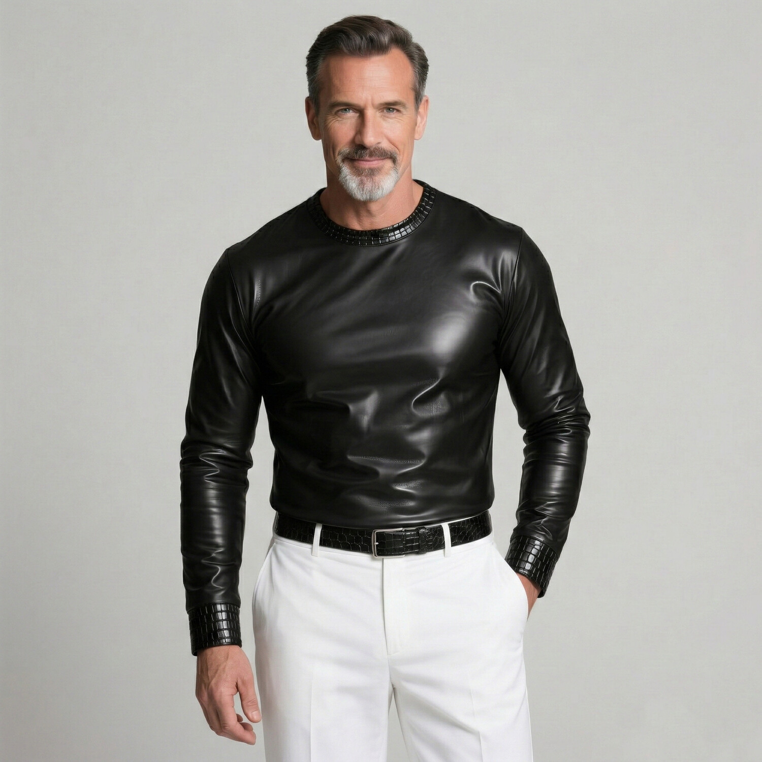 [Pre-Order] Men's Black PU Leather Patchwork Crocodile Embossed Trim Slim Fit T-Shirt