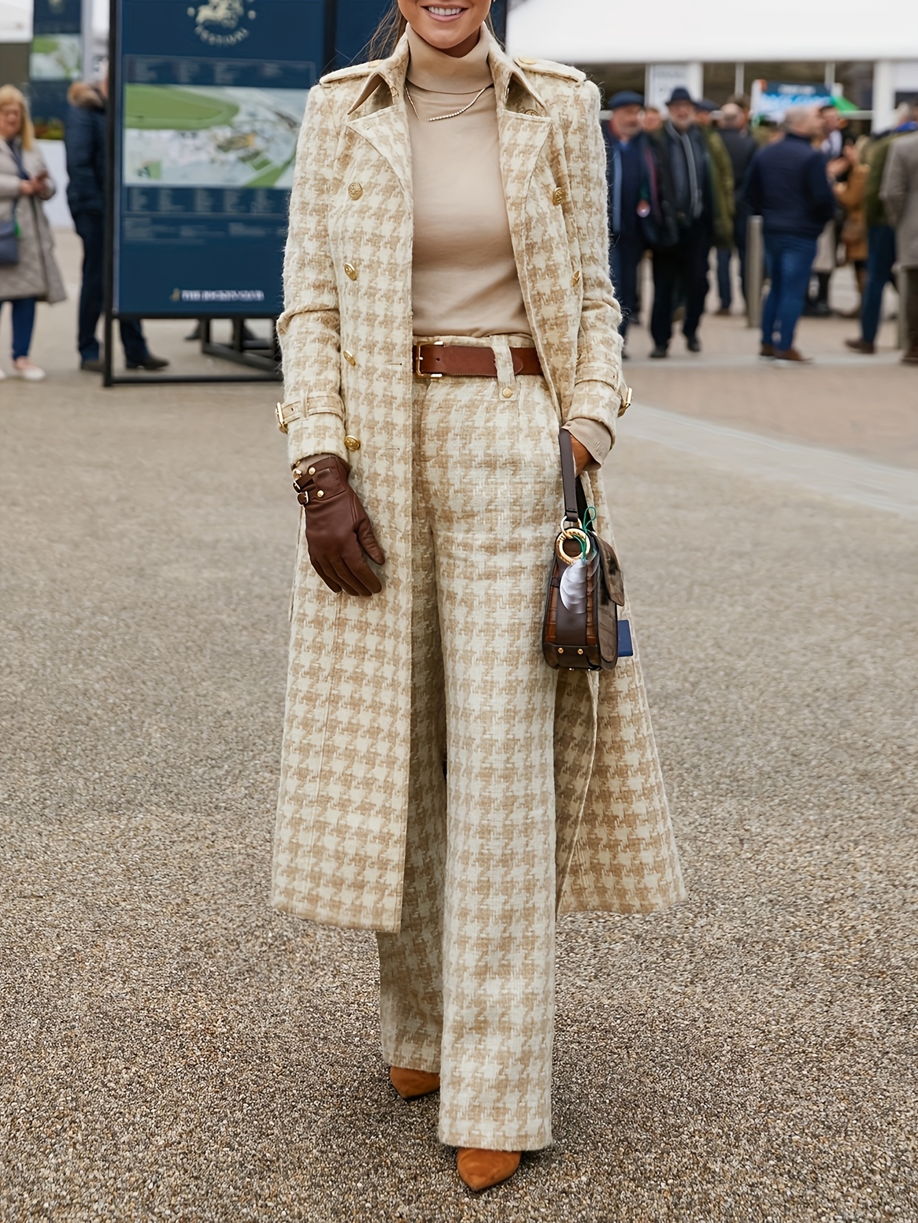 Elegant Houndstooth Check Trench Coat and Suit Set for Women