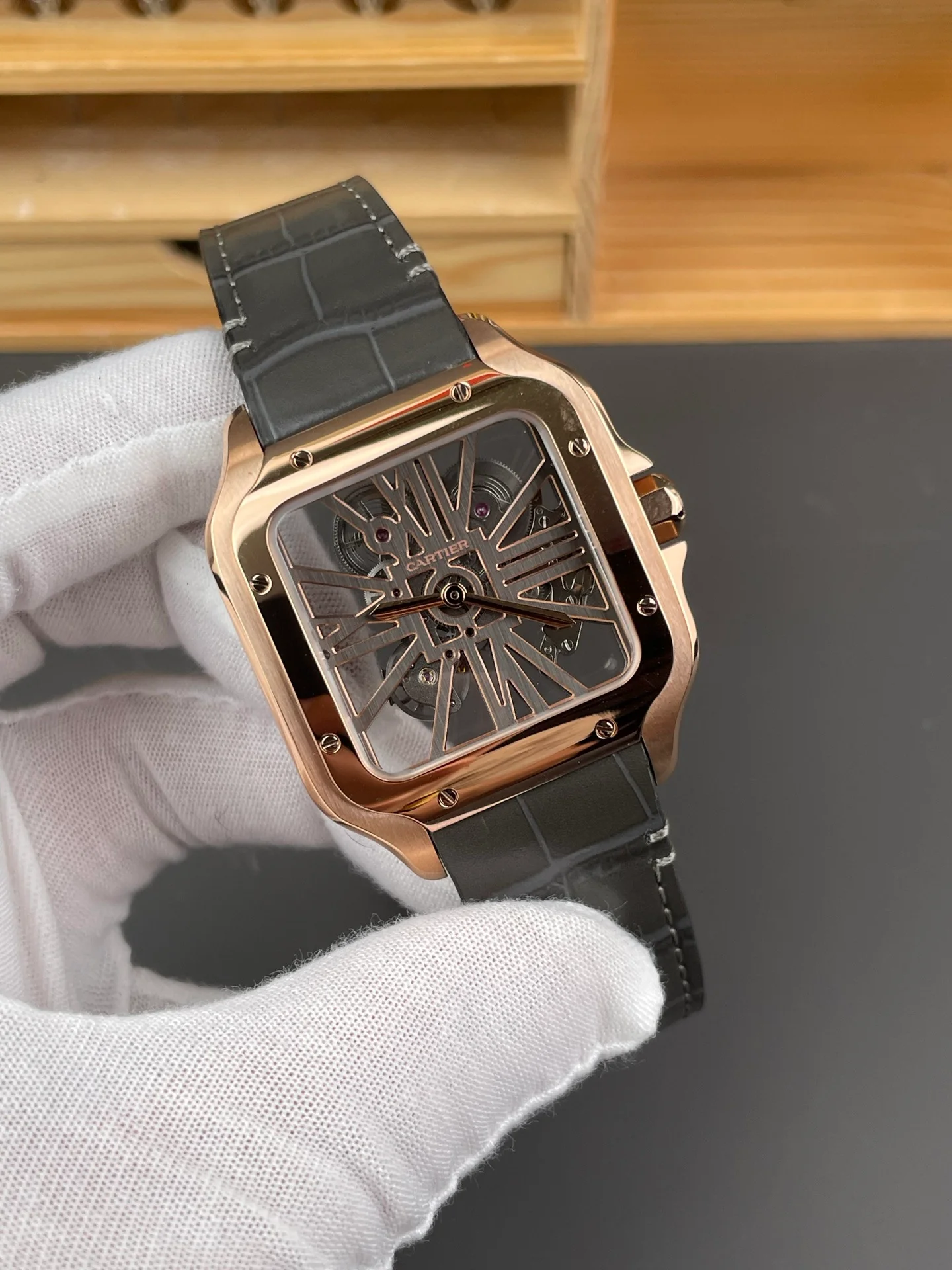 Santos Skeleton Series Leather Strap Rose Gold Dial