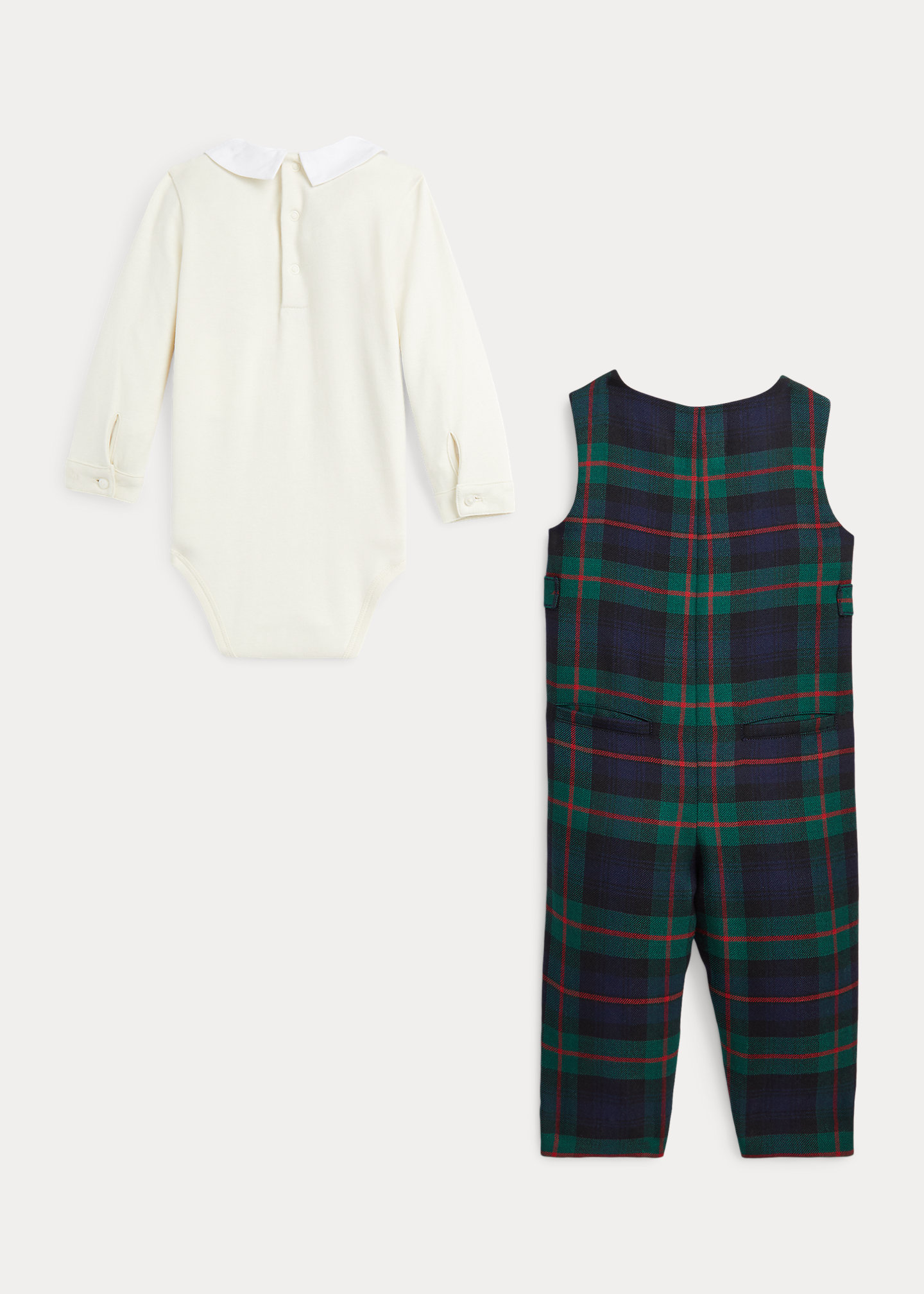 Cotton Bodysuit & Plaid Wool Overall Set