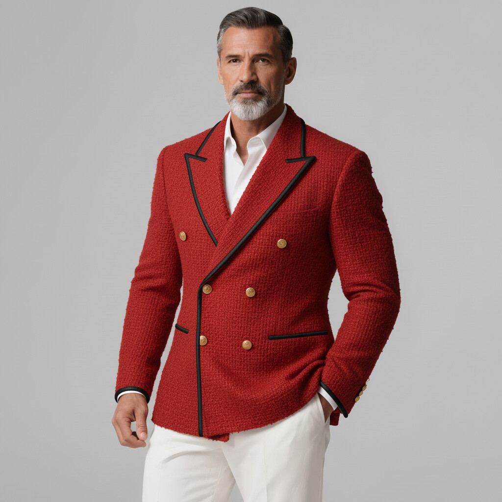 Men's Business Red Textured Peak Lapel Double Breasted Long Sleeve Contrast Binding Blazer