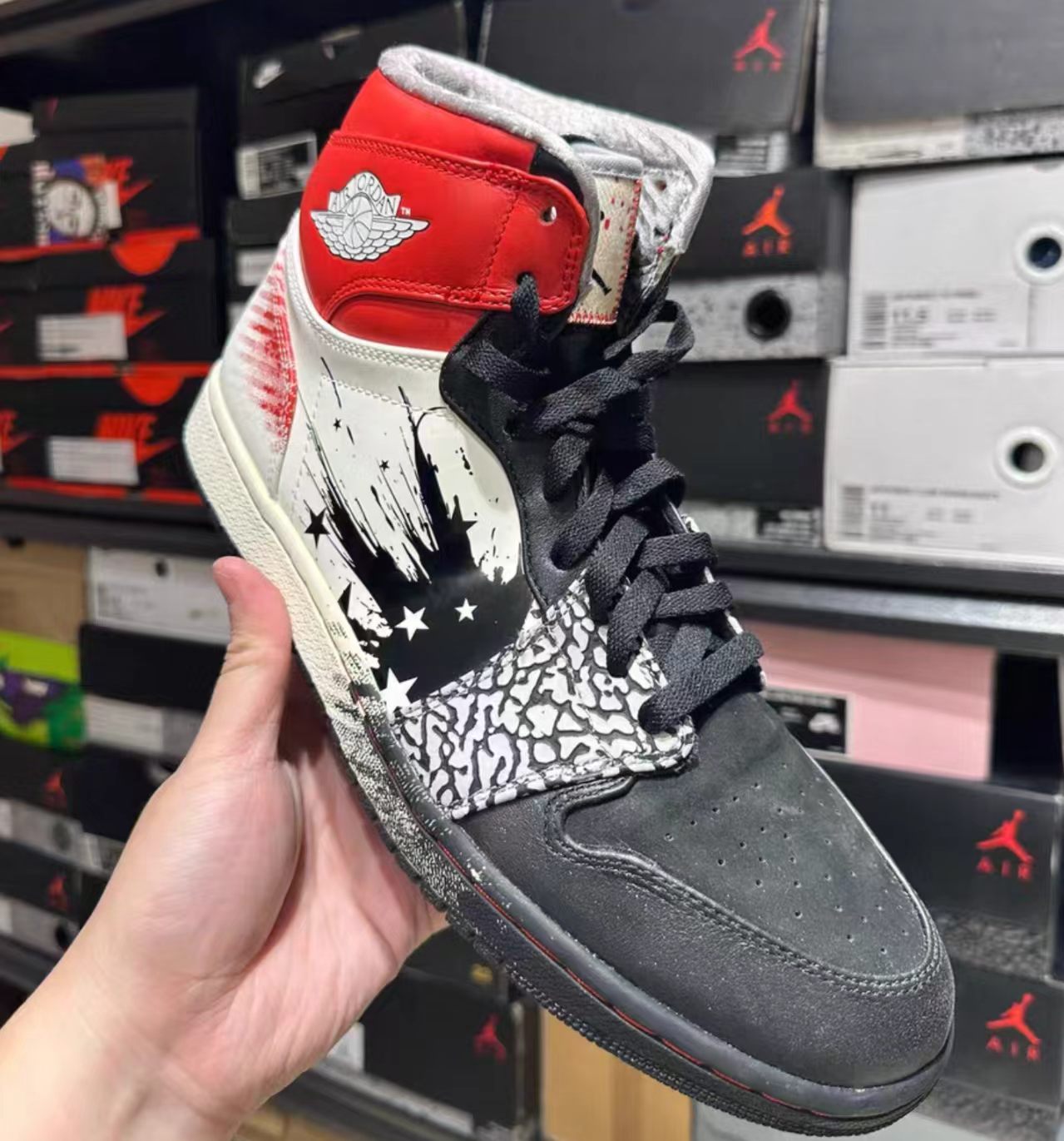 Air Jordan 1 High Black White Red Elephant Print Star Graphic