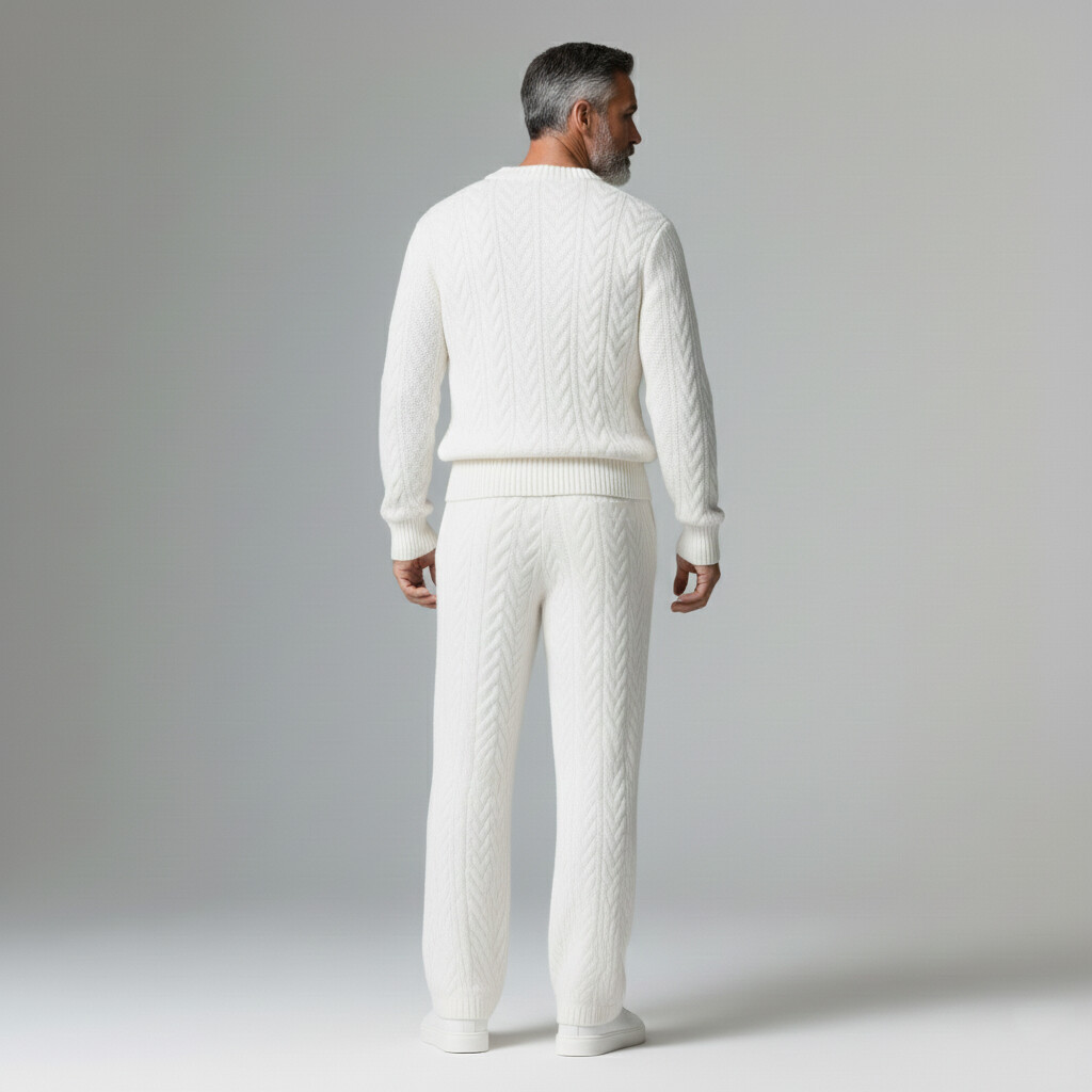 Men's Casual White V Neck Long Sleeve Textured Knit Sweaters & Pants 2Pcs Set