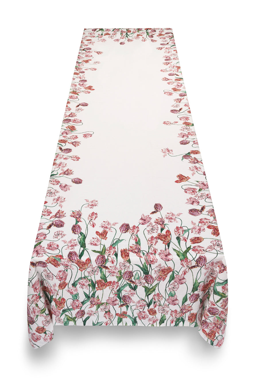 Floral Print Rectangular Linen Tablecloth in Red and Pink