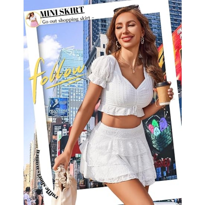 Women's Lace Ruffles High Waisted Pleated A‑Line Mini Skirt