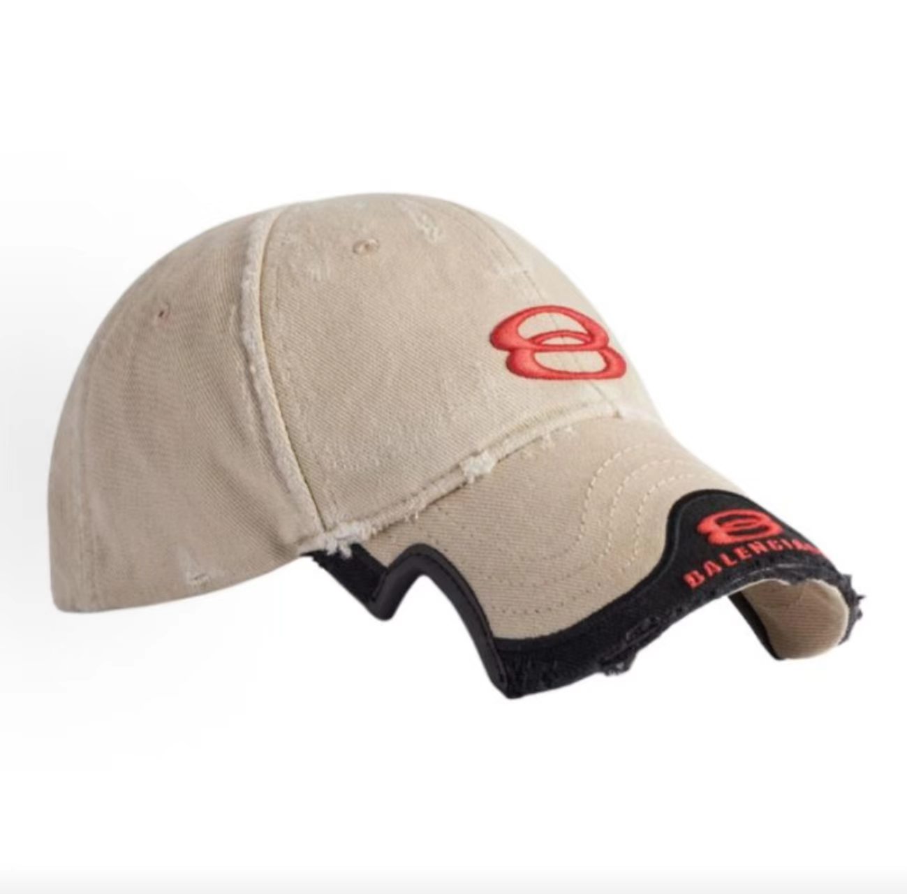 Balenciaga Red Double B Distressed Beige Baseball Cap