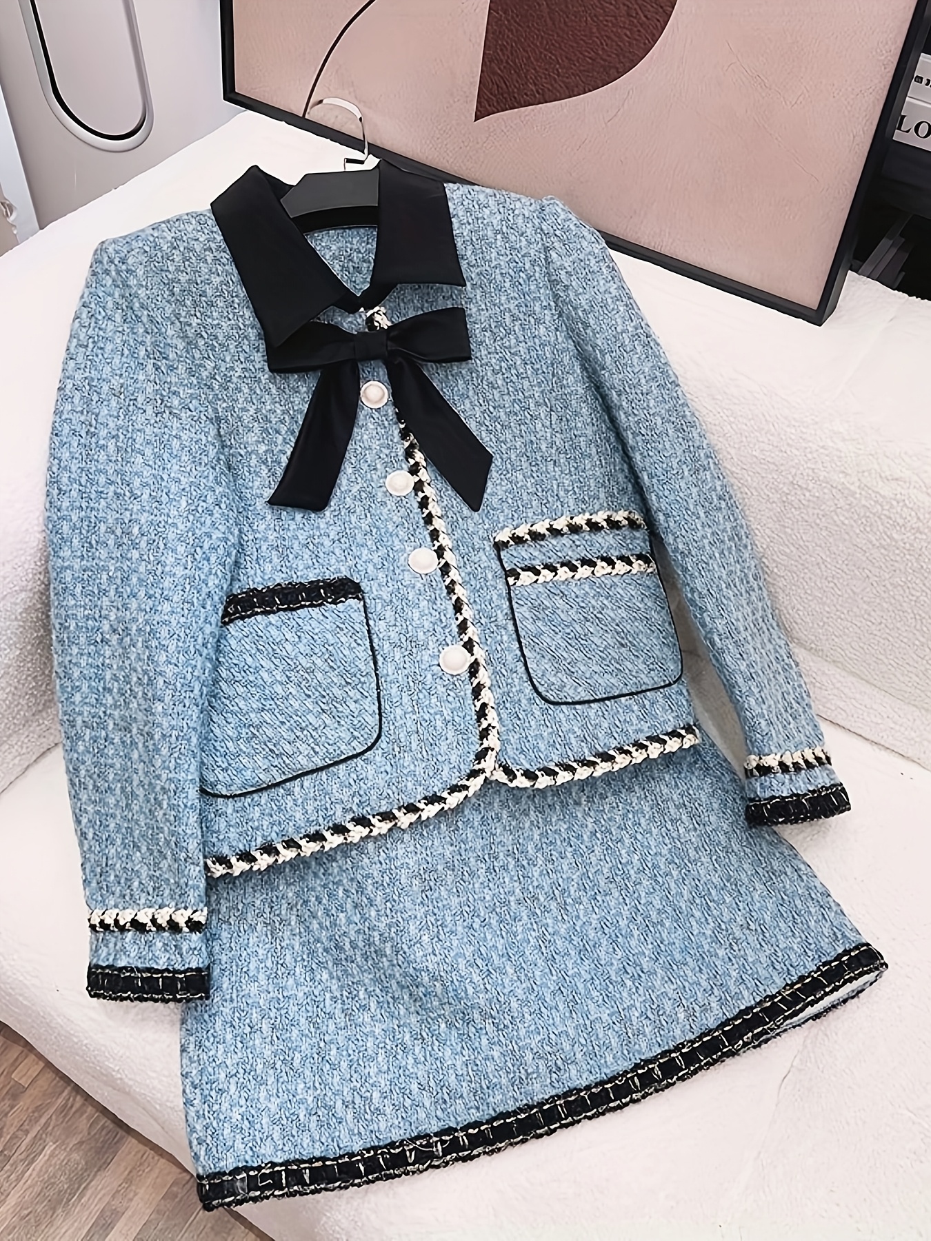 Elegant Tweed Skirt Suit Set, Crew Neck, Half Sleeve, Non-Stretch Fabric, Solid Color, Regular Fit