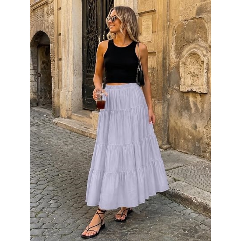 Women's White Boho High Waist Maxi Skirt, Pleated Tiered A‑Line