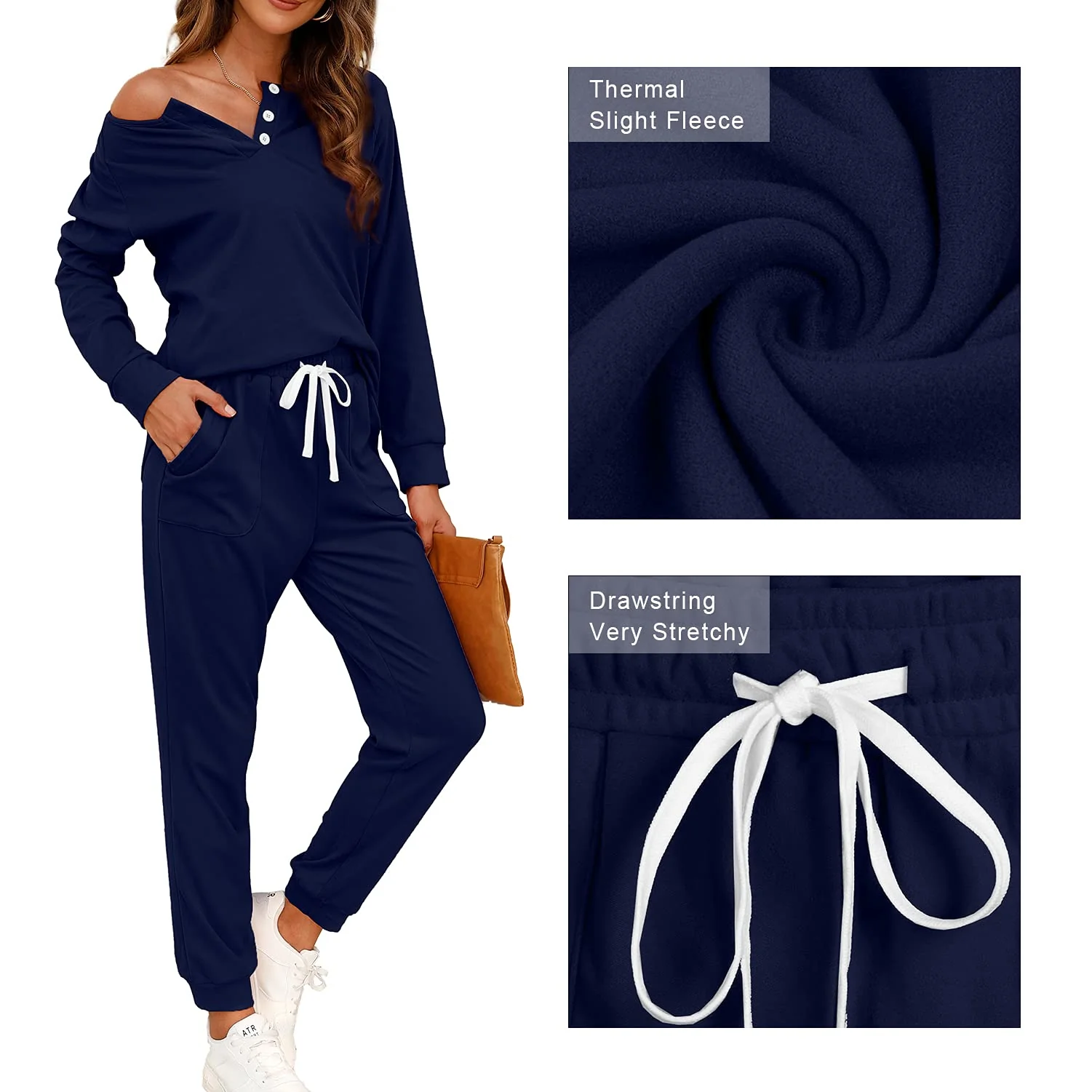 2 Piece Outfits for Women Fall, Lounge Sets for Women Joggers Sweatpants Navy Blue L
