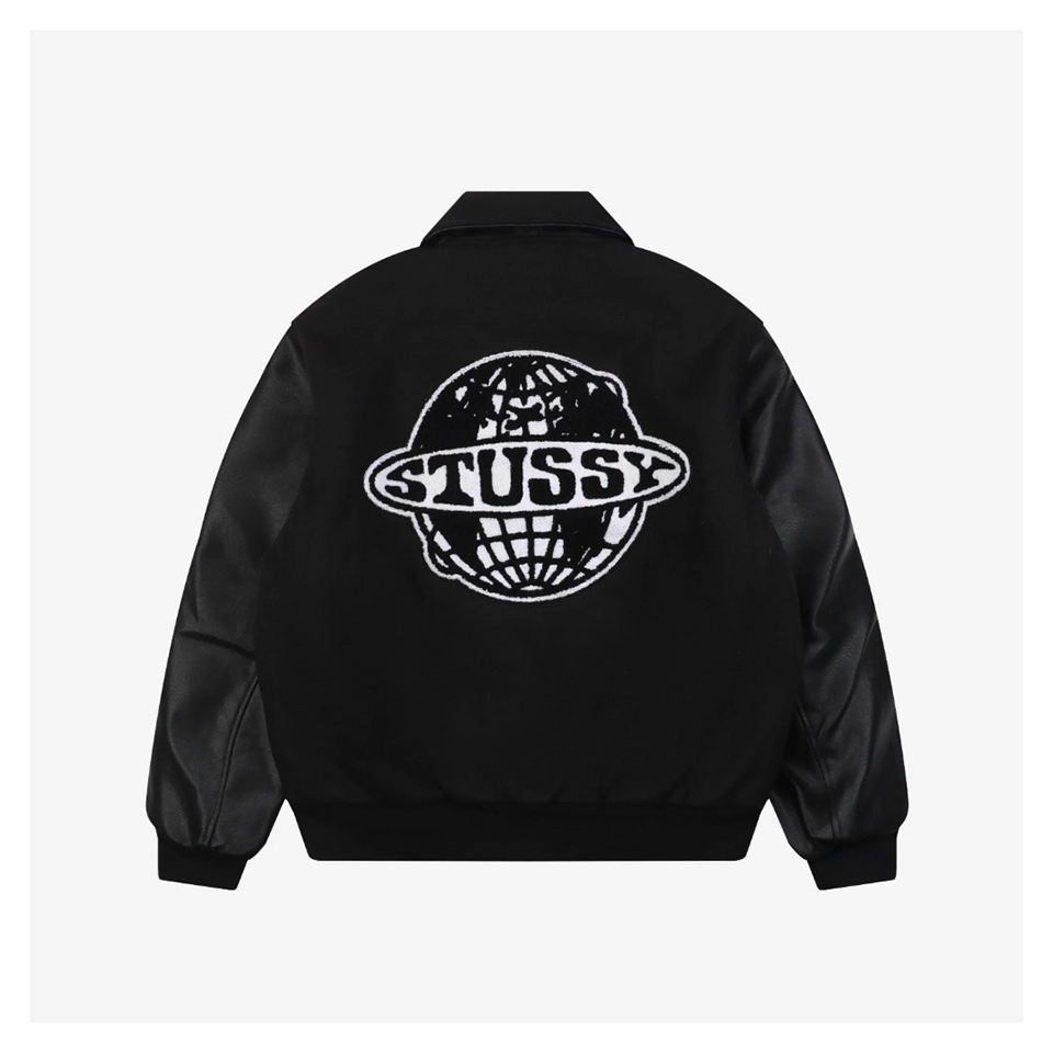 Stussy Earth Embroidery Leather Varsity Jacket