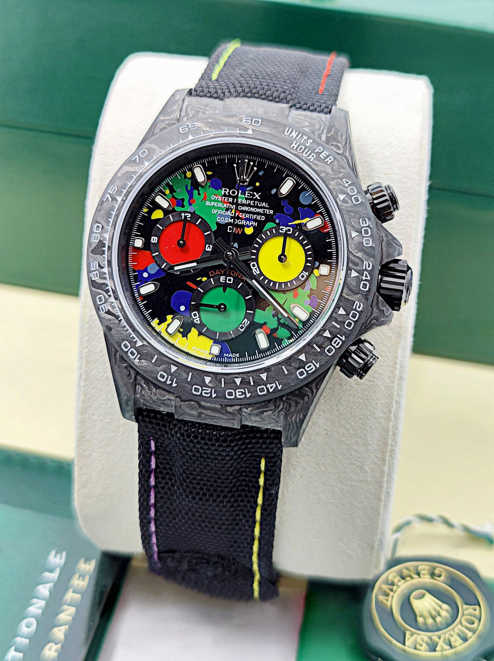 [2026 Mirror Grade]Rolex Daytona DIW Carbon Motley Multicolour Dial  Swiss Replica Watch | Custom Made Limited Edition | 4130 Swiss Movement