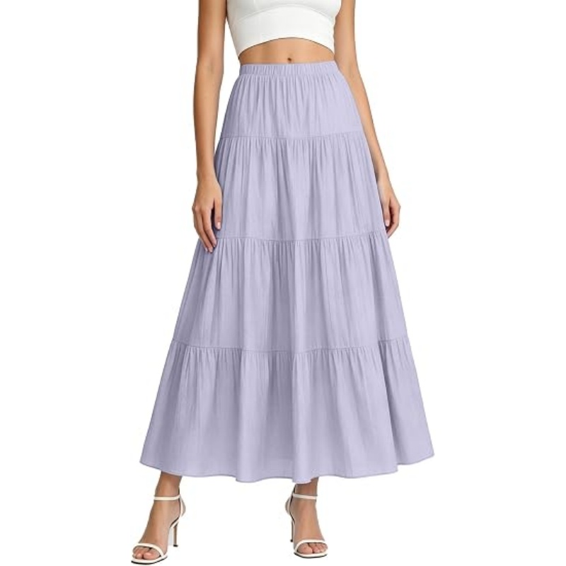 Women's White Boho High Waist Maxi Skirt, Pleated Tiered A‑Line
