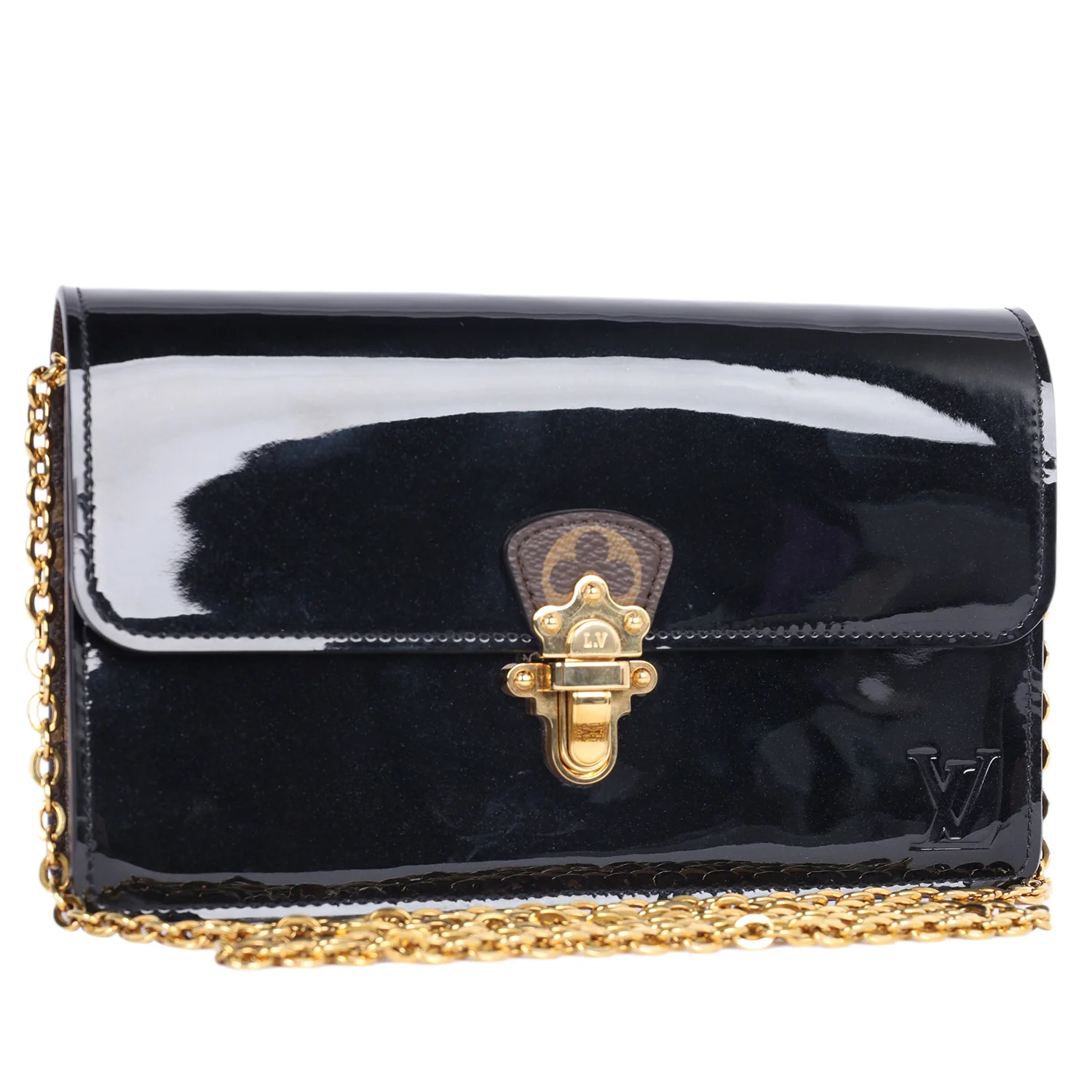 Patent Calfskin Leather Monogram Cherrywood Chain Wallet Black
