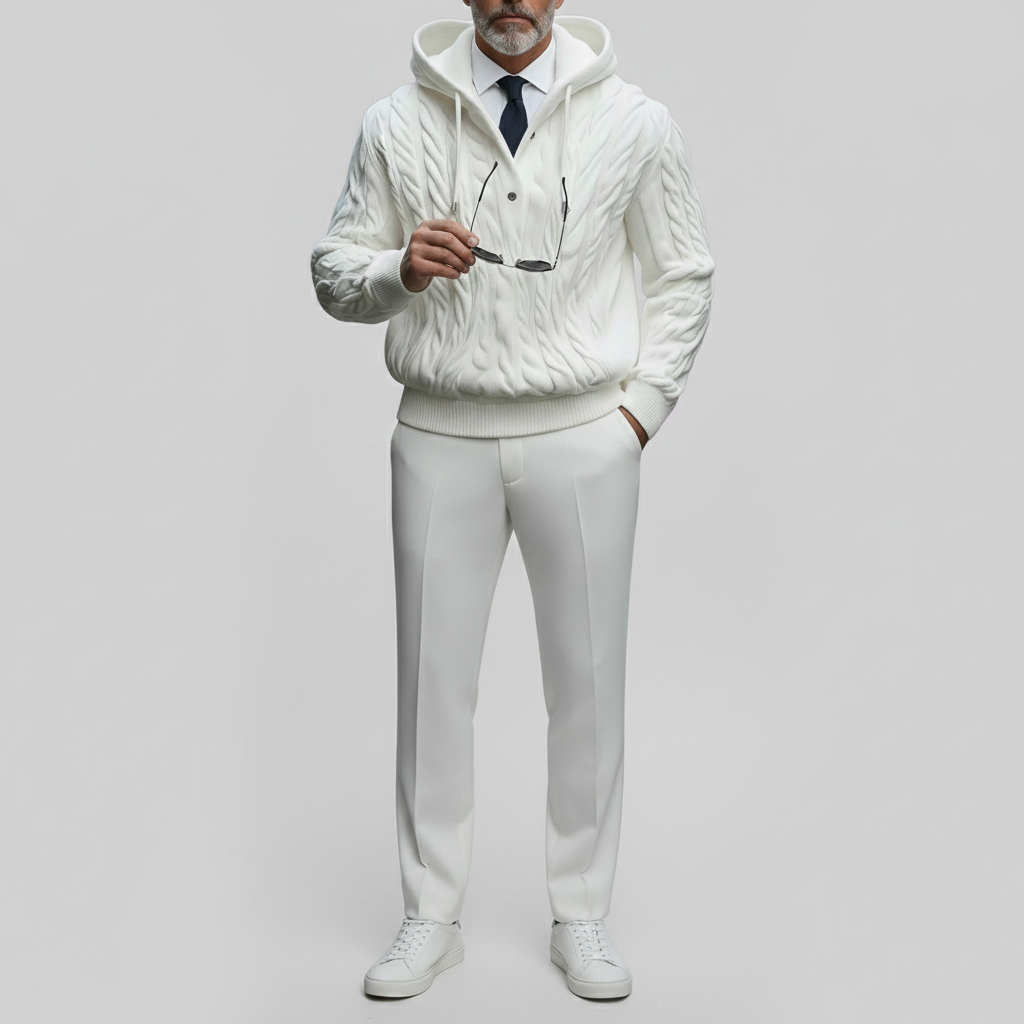 Men's Solid Checker Hooded Long Sleeve Rope Drawstrings Cable Knit Sweaters