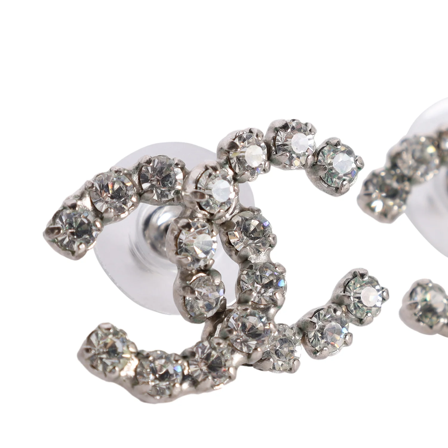 CC Logo Silver Crystal Pierced Earrings