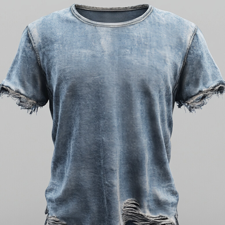 Men's Denim Round Neck Short Sleeve Ripped Hem T-Shirt