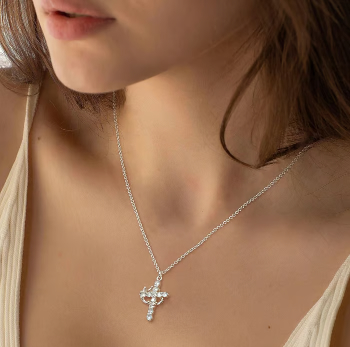 Paved Cross Rotated Crown Necklace