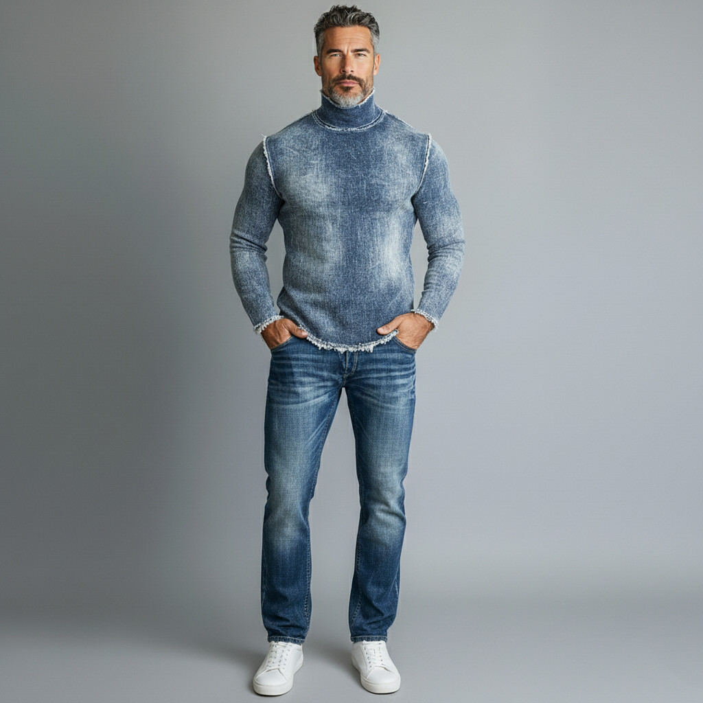 Men's Blue Distressed Denim High Neck Back Button Frayed Edges Long Sleeve Top
