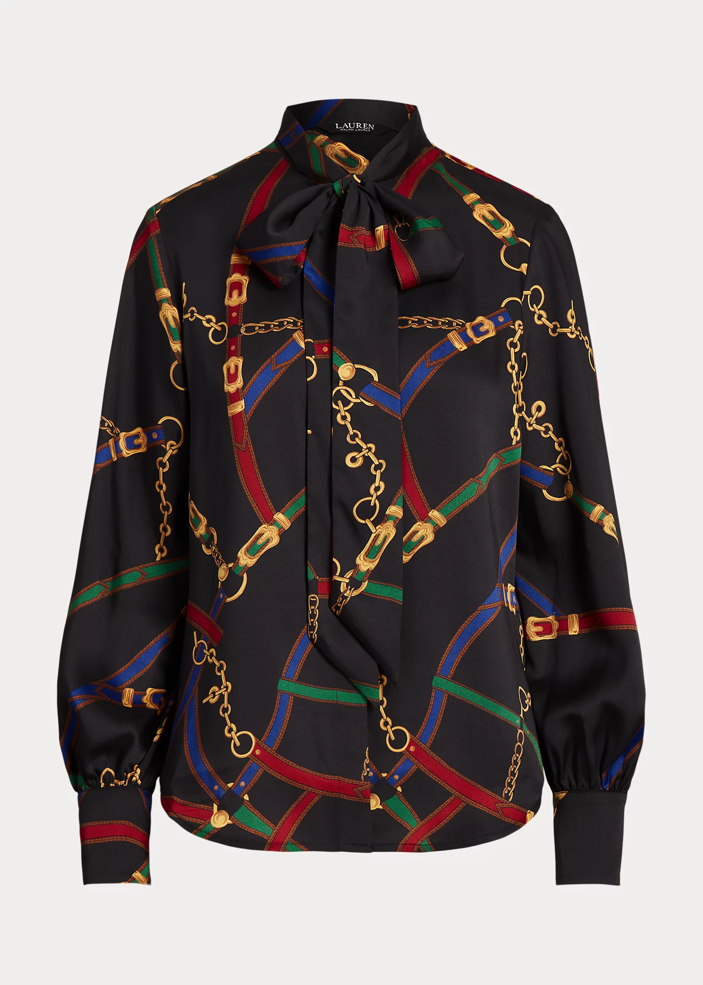 Belting-Print Twill Tie-Neck Blouse
