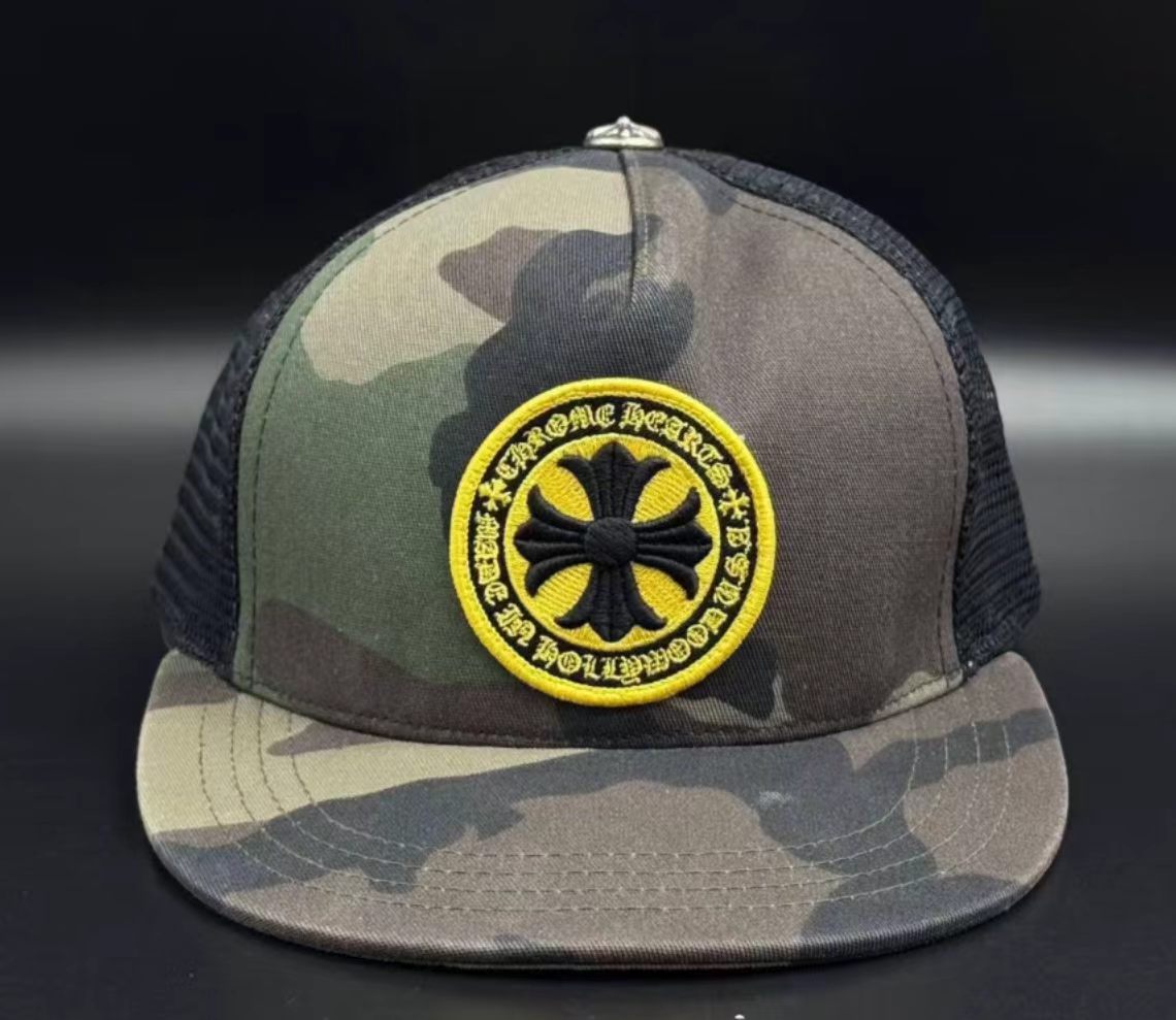 Chrome Hearts Style Camo Mesh Trucker Hat with Cross Button Detail