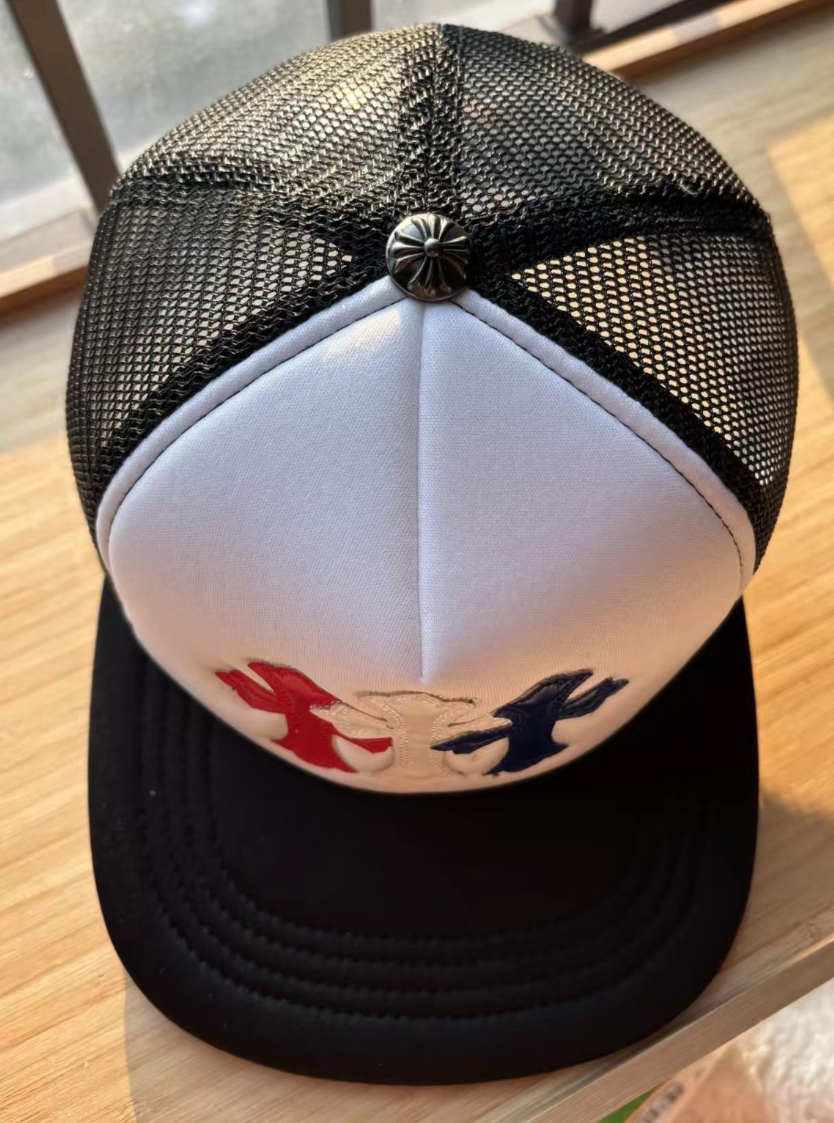 Chrome Hearts Style Trucker Hat with Red, White & Blue Cross Leather Patches