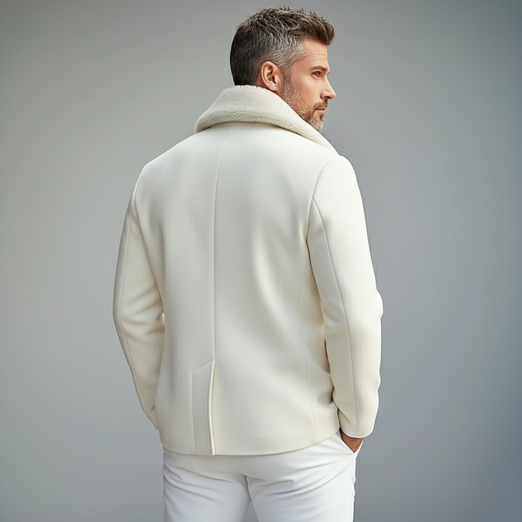 Men's Off White Plush Collar Double Breasted Long Sleeve Coat