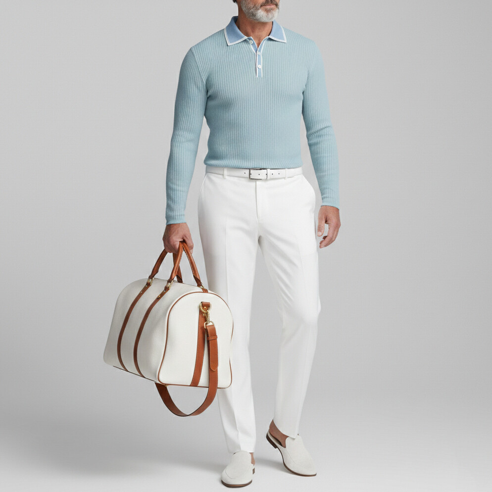 Men's Business Casual Contrast Binding Long Sleeve Pit Strip Knit Polo Shirts