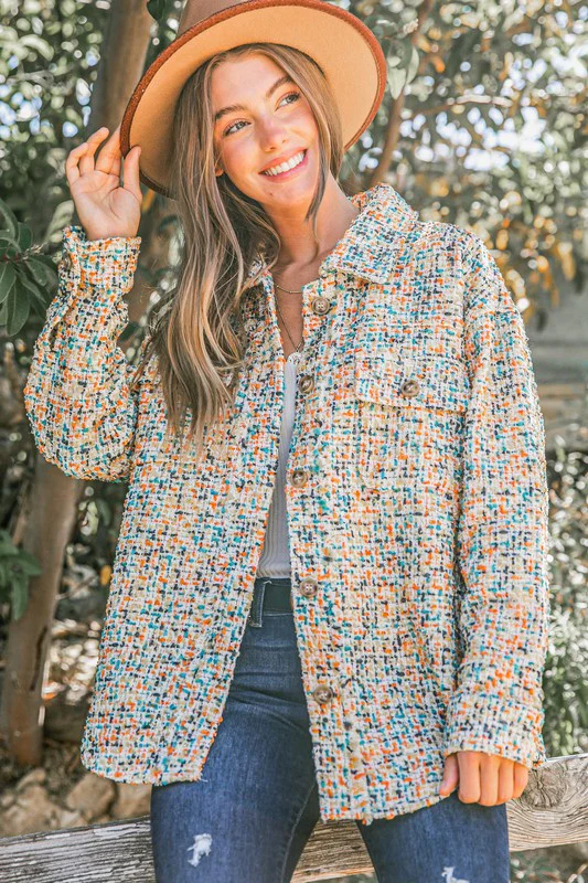 Yellow & Rust Multi Color Tweed Shirts Jacket