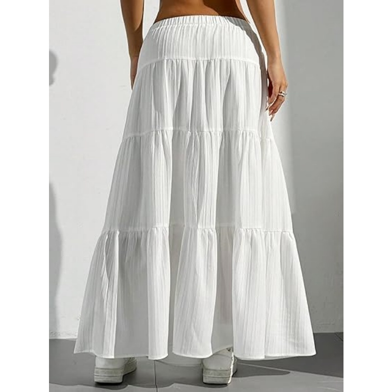 Women's Boho Flowy White High Waist Maxi Skirt with Ruffle & Elastic Waist