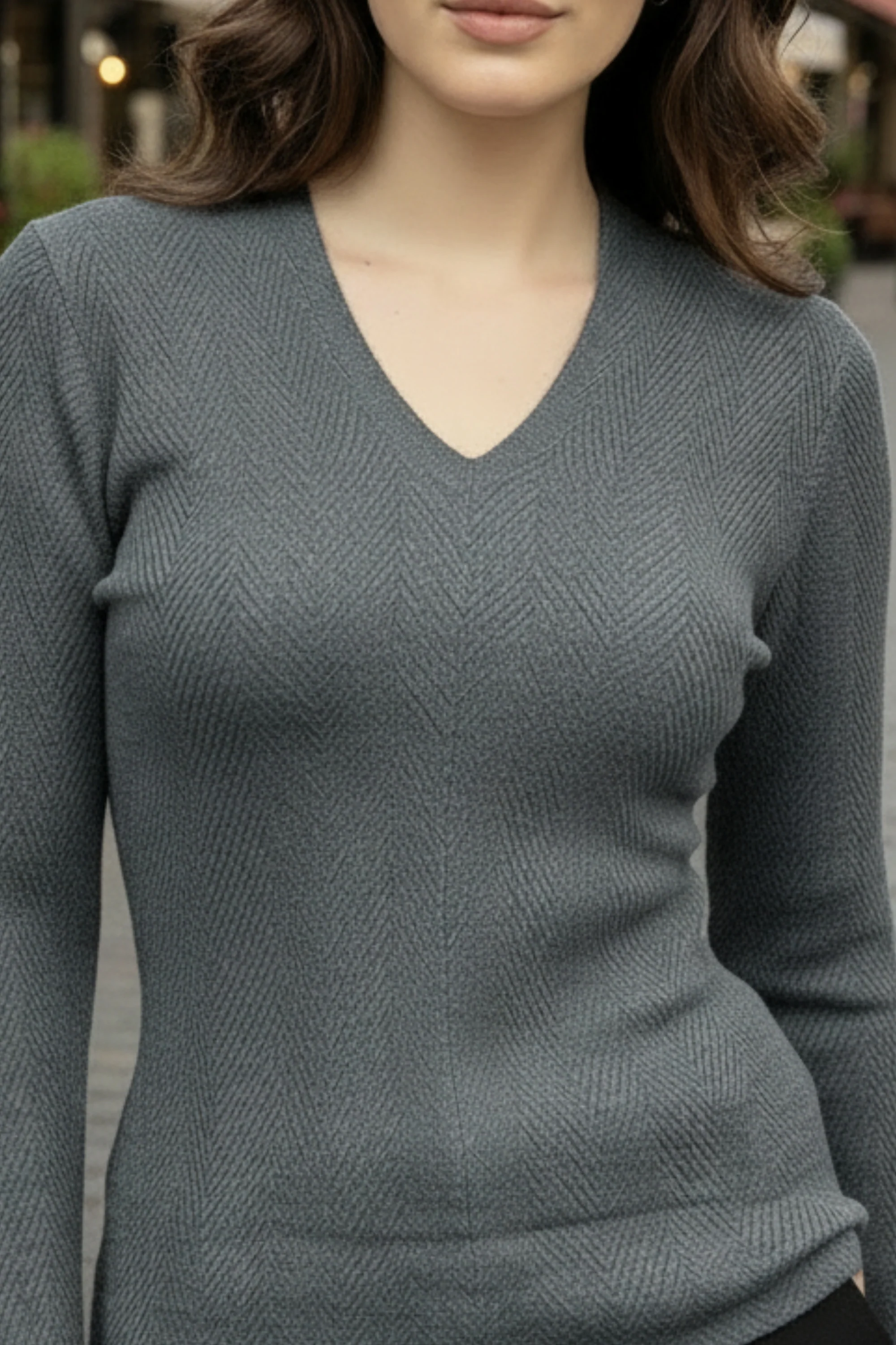 Smoke Grey V-Neck Knit Top