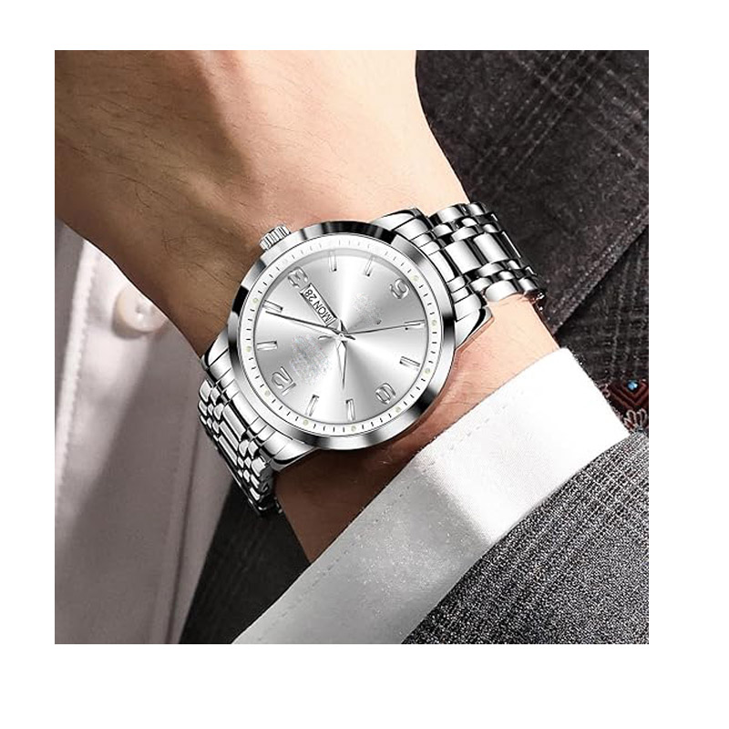 KINDWIN Stainless Steel Mens Watches with Day Date Analog Large Face Classic Watch Arabic Numerals Luminous Rlojes para Hombres Quartz Dress