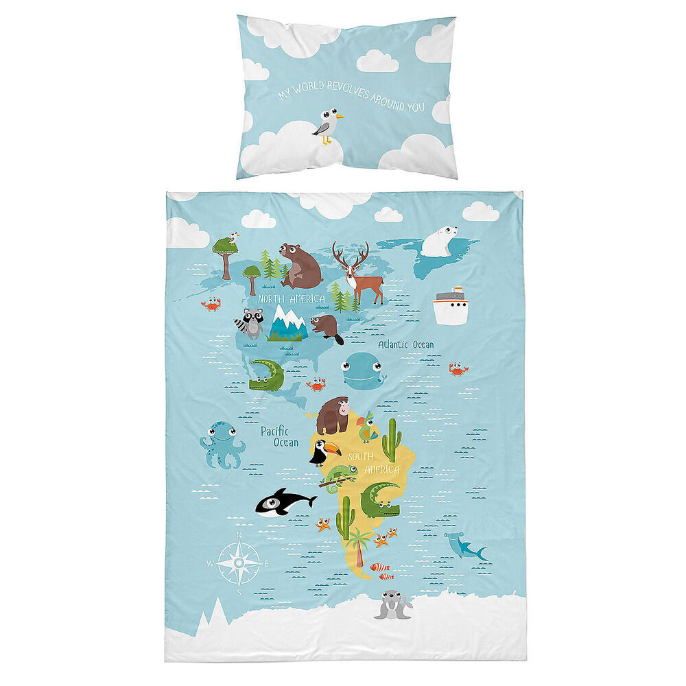 MAYAMOO Pościel dziecięca 90 x 120 cm Mayamoo, mapa, niebieska
