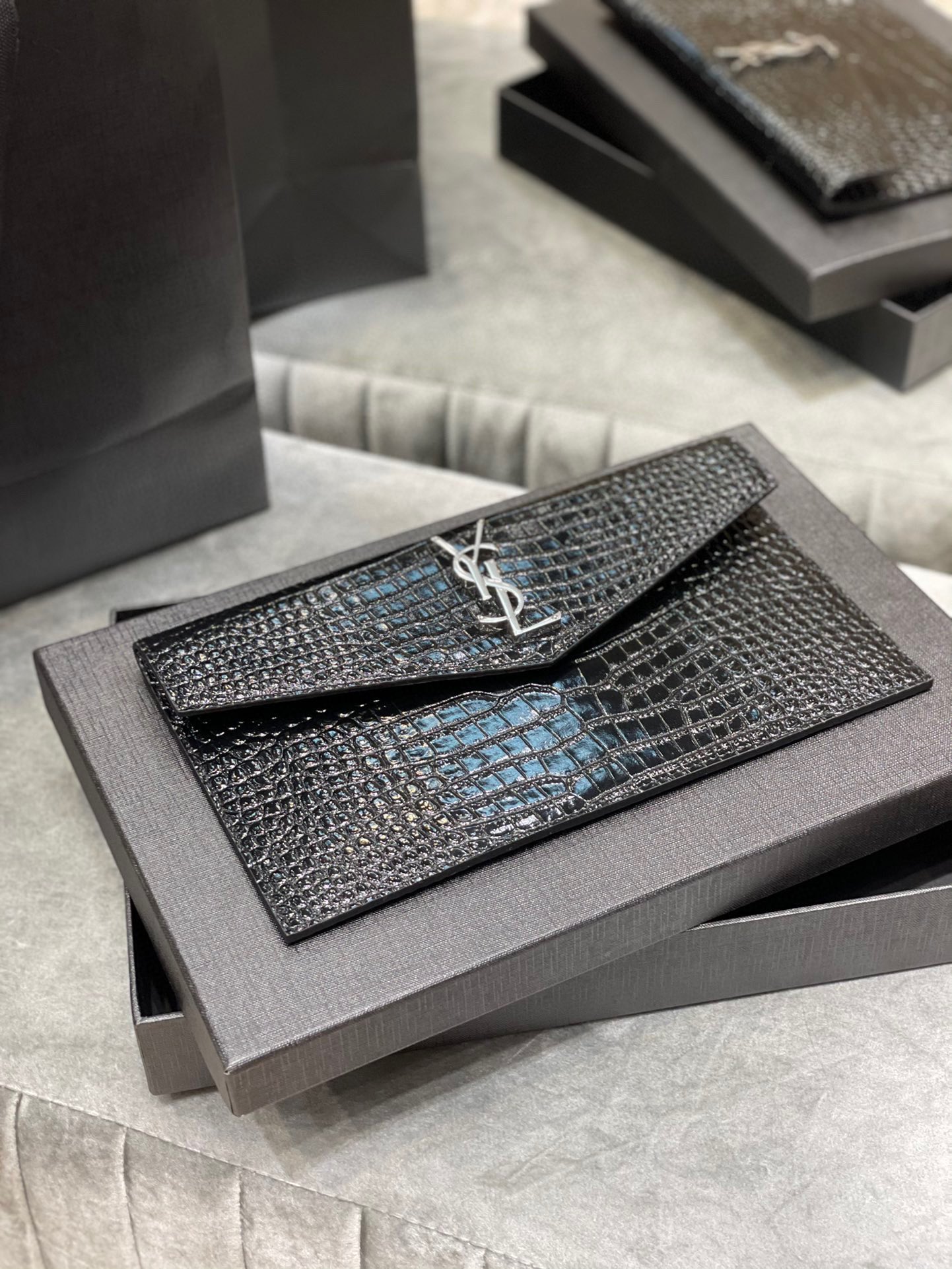 SAINT LAURENT Uptown  POUCH IN CROCODILE-EMBOSSED SHINY LEATHER BLACK-Silver hardware - Bag