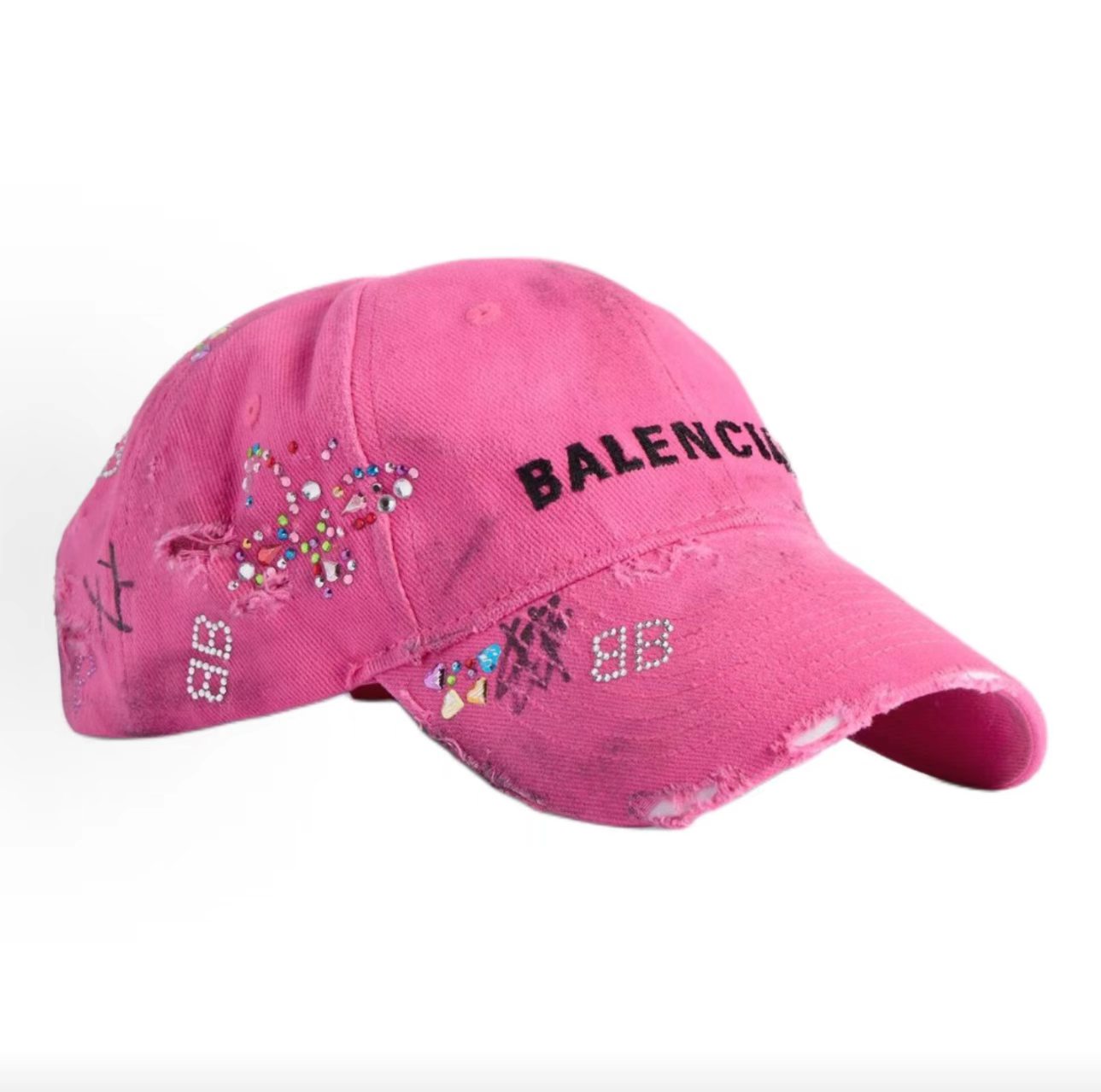 Balenciaga Rhinestone Graffiti Distressed Hot Pink Baseball Cap